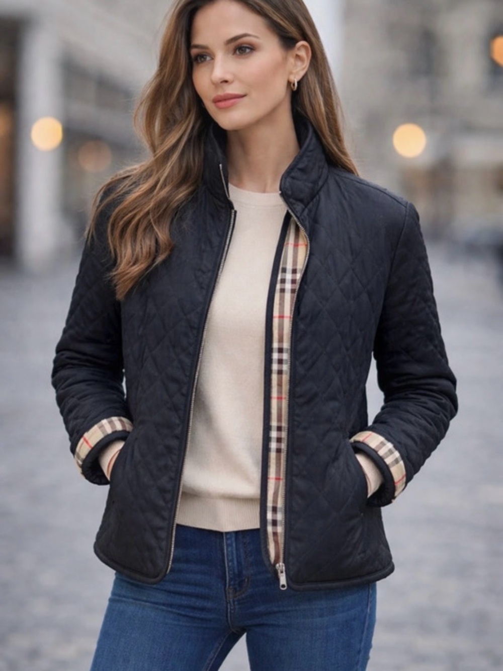 Burberry Black Quilted Jacket with Signature Check Trim. Woman’s small